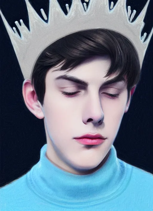 Image similar to portrait of teenage jughead jones wearing a light grey crown, crown, blue turtleneck, 1 9 5 0 s, closed eyes, photorealistic, black hair, glowing lighting, intricate, elegant, glowing lights, highly detailed, digital painting, artstation, concept art, smooth, sharp focus, illustration, art by wlop, mars ravelo and greg rutkowski