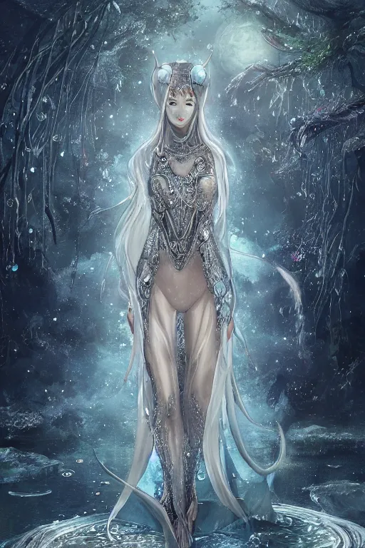 Image similar to a moon wizard dressed in intricate silver clothing surrounded by water particles above a serene pond, fantasy, wlop, trending on artstation, deviantart, anime key visual, official media, professional art, 8 k uhd