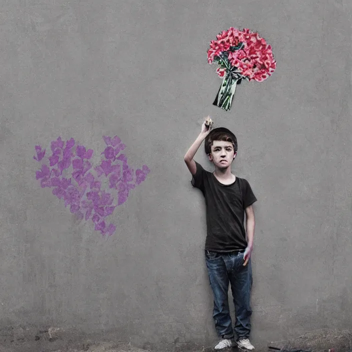 Prompt: a boy holding flowers in the style of Banksy, graffiti, digital art