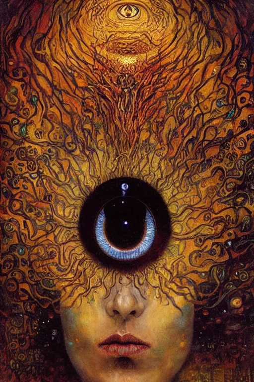 Image similar to Visions of Hell by Karol Bak, Jean Deville, Gustav Klimt, and Vincent Van Gogh, nightmare portrait, infernal, visionary, otherworldly, fractal structures, ornate gilded medieval icon, third eye, hellfire, spirals