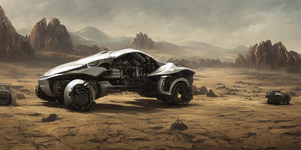 Prompt: highly detailed robotic vehicle in a scifi landscape by feng zhu, perfect geometry, hyper - detailed, sharp, beautiful, desaturated, oil on canvas