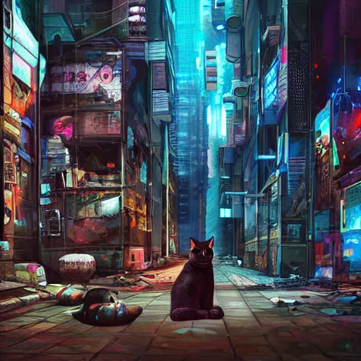 Prompt: A cat exploring a cyberpunk city inhabited by robots, photorealistic digital art, high detail,