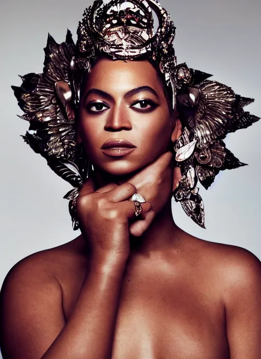 Prompt: photo of beyonce styled by nick knight posing, intricate headpiece, showstudio, face close up, vogue magazine, 2 0 2 0, canon, highly realistic. high resolution. highly detailed. dramatic. 8 k. 4 k. zeiss lens, canon eos, cinematic lighting, photography, film still