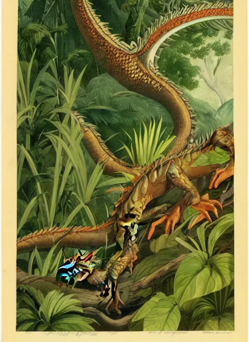 Prompt: vintage dragon in a tropical forest, john james audubon
