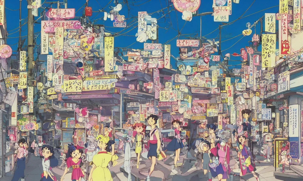 Prompt: A film still from a 1990s Sailor Moon cartoon of a dreamy cute stree in Japan, by Studio Ghibili