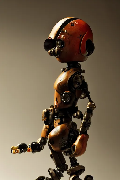 Image similar to a closeup shot of a beautiful art toy figurine by ashley wood and world of aaa, rusty robot, threea toys, intricate dark background, dramatic light