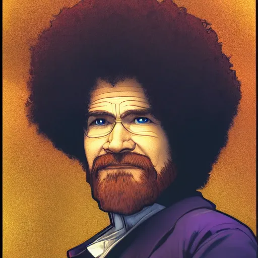 Image similar to a portrait of a Bob Ross , fantasy, David production, anime, HDR, natural light, shoulder level shot, dynamic pose, award winning photograph, Mucha style 4k,