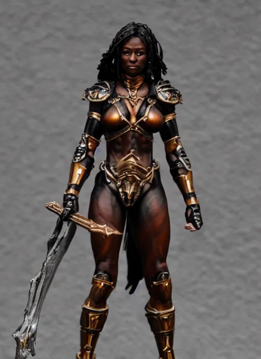 Prompt: 80mm resin detailed miniature of a beautiful muscular black female, clothed in worrier armor, brown skin, short dark hair, beautiful bone structure, symmetrical facial features, Product Introduction Photos, 4K, Full body