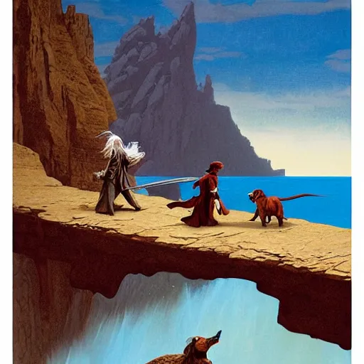 Image similar to Highly detailed oil painting of Gandalf fighting a Fire Dachshund on a narrow rock bridge, underground, intricate artwork by Angus McBride, John Howe, Matthew Stewart, Ted Nasmith, heroic fantasy