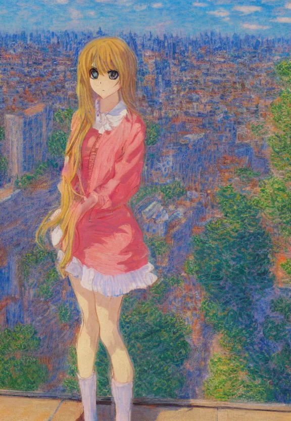 Image similar to wide angle portrait of a teenage girl, a thrifty outfit, very anime in impressionist style, city background, anime trending artwork, anime painter studio, by claude monet