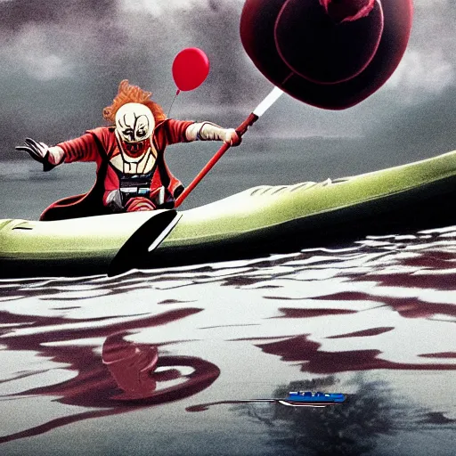 Image similar to darth vader fighting pennywise the clown on a kayak in the middle of a creepy lake, ultra high def, hyper realistic, photo