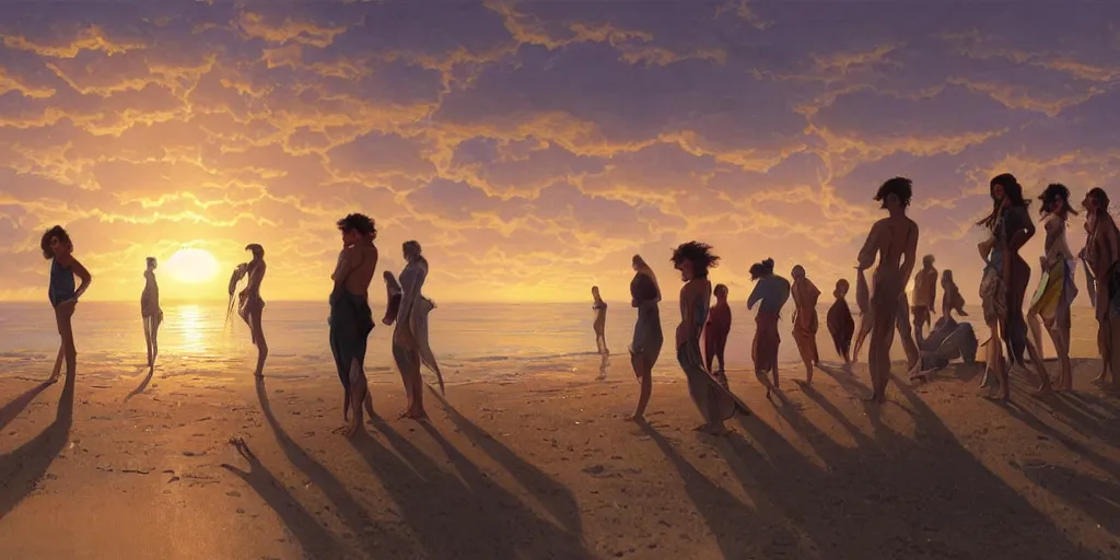 Image similar to a group of people watching sunset on a beach with a close planet's surface covering most of the sky, intricate, highly detailed, digital painting, trending on artstation, concept art, smooth, illustration, cinematic lighting, art by artgerm and greg rutkowski and alphonse mucha