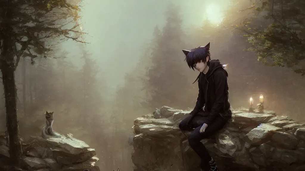 Prompt: emo boy with cat ears and tail, by greg rutkowski and thomas kinkade, ambient light, ultra detailed, 8k, very very very very very very very beautiful, trending on artstation, award winning, beautiful scenery.