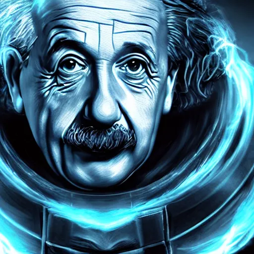 Image similar to Portrait of Albert Einstein as a spellcaster, League of Legends amazing splashscreen artwork, Gears of War, splash art,natural light, elegant, photorealistic facial features, intricate, fantasy, detailed face, atmospheric lighting, anamorphic lens flare, cinematic lighting, league of legends splash art, hd wallpaper, ultra high details by Greg rutkowski