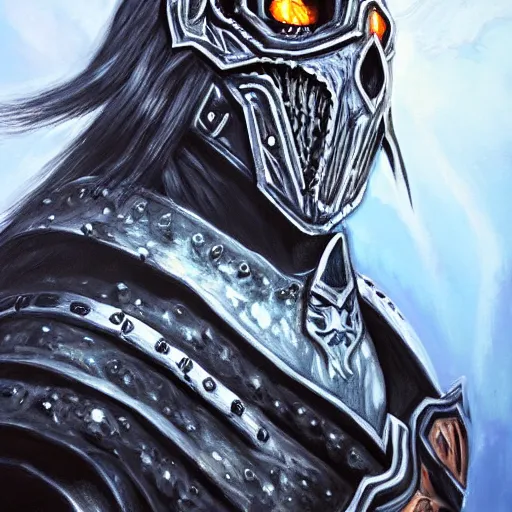 Image similar to a epic portrait depicting lich king in acrylic painting