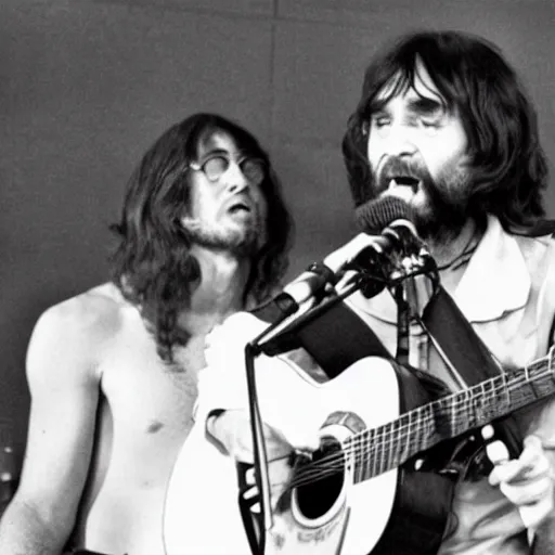 Prompt: charles manson singing a duet with john lennon, black and white, high quality photography, realistic, detailed, uncropped, realistic face,