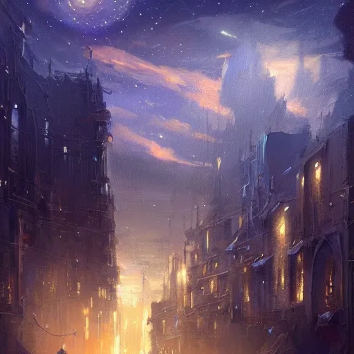 Image similar to Concept art, beautiful painting of a cat, shining its light among stars, wandering around a metropolis city, 8k, james gurney, greg rutkowski, john howe, artstation