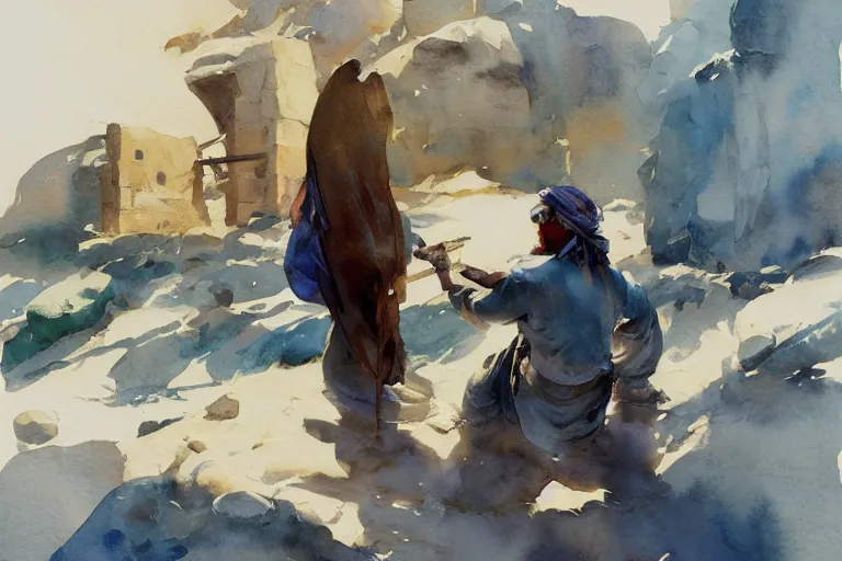 Image similar to small centered on watercolor paper, paint brush strokes, abstract watercolor painting of ancient egyptian stone mason, cinematic light, national romanticism by hans dahl, by jesper ejsing, by anders zorn, by greg rutkowski, by greg manchess, by tyler edlin