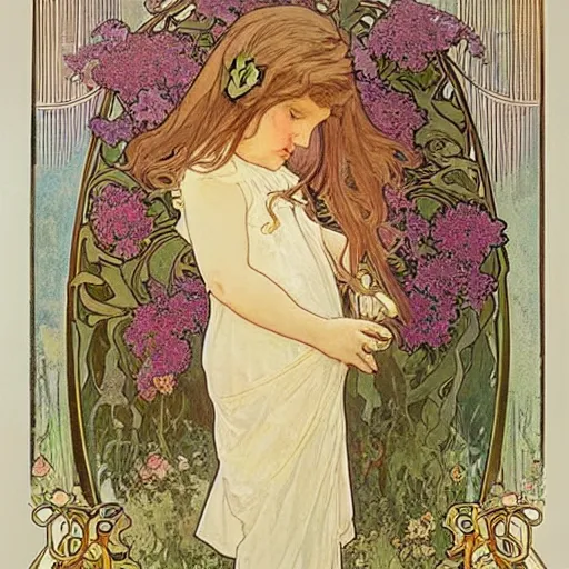 Image similar to art nouveau painting by Alphonse Mucha of a little girl with curly brown hair framed by flowers. Soft, muted colors, dreamy aesthetic.