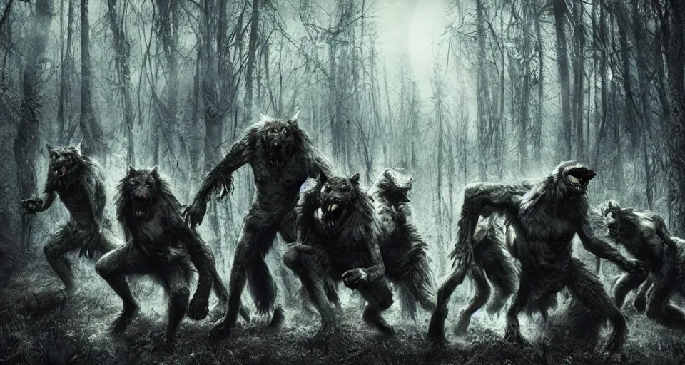 Prompt: an epic action photorealistic masterpiece of a pack of werewolves, in a forest made of nightmares, horrific digital art, extremely moody lighting, style of chippy