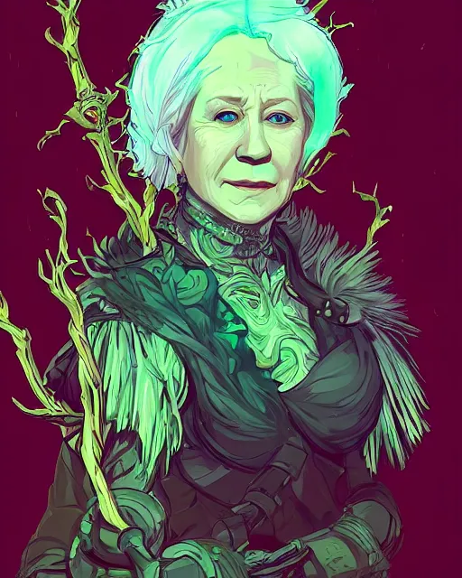 Image similar to a white-haired witch holding a gnarled staff, helen mirren, wisdom of the ages, glowing iridescent accents, digital apex legends illustration portrait, gorgeous lighting, wide angle action dynamic portrait, art by Josan Gonzalez, bright colors, green and gold palette, high contrast