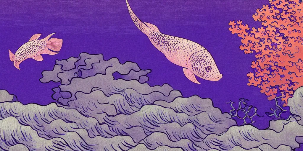 Prompt: breath takingly stunningly beautiful, purple fish, swimming in a beautiful coral reef, aesthetically pleasing Digital art, Concept art by Hokusai and Vincent Van Gogh and Claude Monet