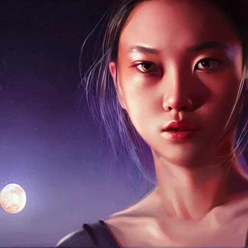 Image similar to closeup portrait of a young cristy ren, dramatic lighting, city background, night, moon, chiaroscuro, high detail, painted by greg rutkowski, painted by igor kieryluk, painted by bobby chiu, trending on artstation