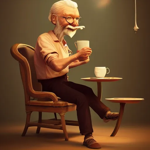 Image similar to old man sitting on a chair drinking coffee, by etienne hebinger, cgsociety, fantasy art, 2 d game art