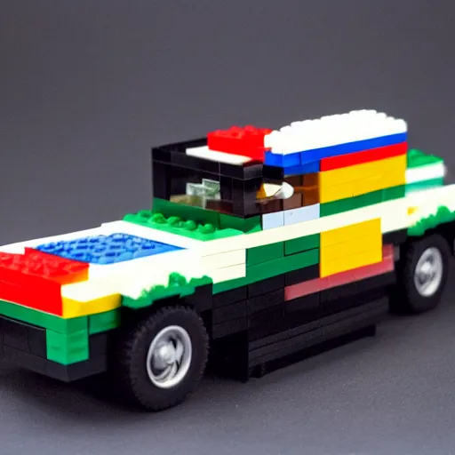 Image similar to photo of moskvich 412 car made of lego, 35 mm