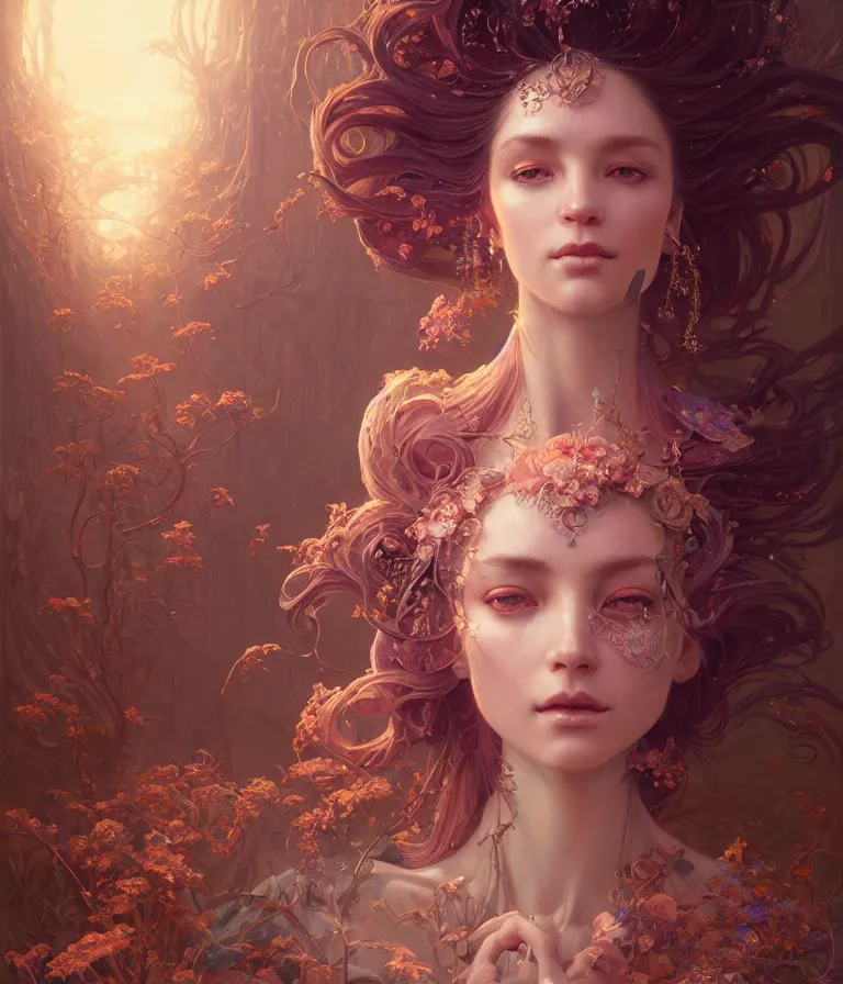 Image similar to highly detailed portrait of beautiful ethereal woman in ornate clothing, stephen bliss, unreal engine, fantasy art by greg rutkowski, loish, rhads, ferdinand knab, makoto shinkai and lois van baarle, ilya kuvshinov, rossdraws, tom bagshaw, global illumination, radiant light, detailed and intricate environment