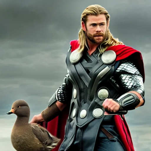 Image similar to chris hemsworth as thor is holding a duck, highly detailed, realistic face, 4k, hd