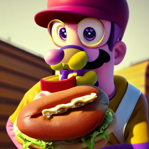 Image similar to waluigi eating hamburger, hyperrealistic, hyperdetalied, high quality, 8 k, high rendering, photorealistic, cinematic, cgsociety, artstation,