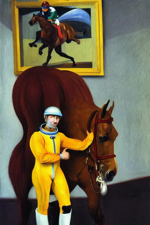 Image similar to man in horse costume, horse in costume astronaut, horse racing, astronaut helmet on horseback, hauntingly surreal, highly detailed painting by francis bacon, edward hopper, adrian ghenie, gerhard richter, and james jean soft light 4 k,