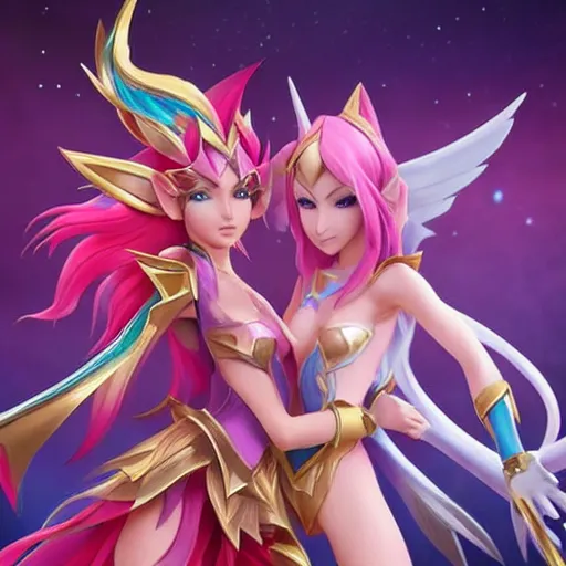 Prompt: star guardian xayah and star guardian kai'sa!!!!!!!!!! friends together, league of legends, star guardian xayah, star guardian kai'sa, hyperrealistic, realistic, high definition, by weta digital, 3 - dimensional, realistic