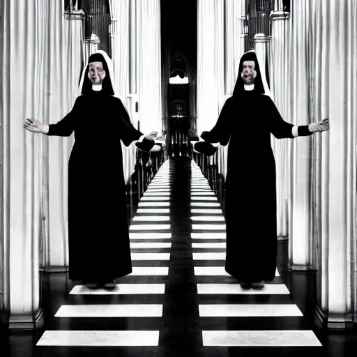 Image similar to award winning photo Aphex twin dresses as nuns,Very long arms, in a sanctuary —width 1024 —height 1024