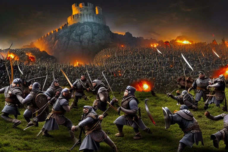 Image similar to diorama of minions fighting orcs in the battle of helm's deep, giant castle walls, realistic, 4 k, detailed, atmospheric, cinematic lighting