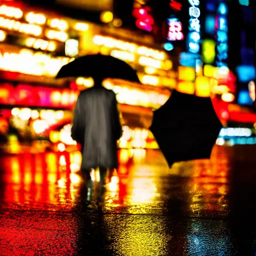 Image similar to moody 2 0 0 mm shot of an umbrella in a rainy tokyo night, neon lights,