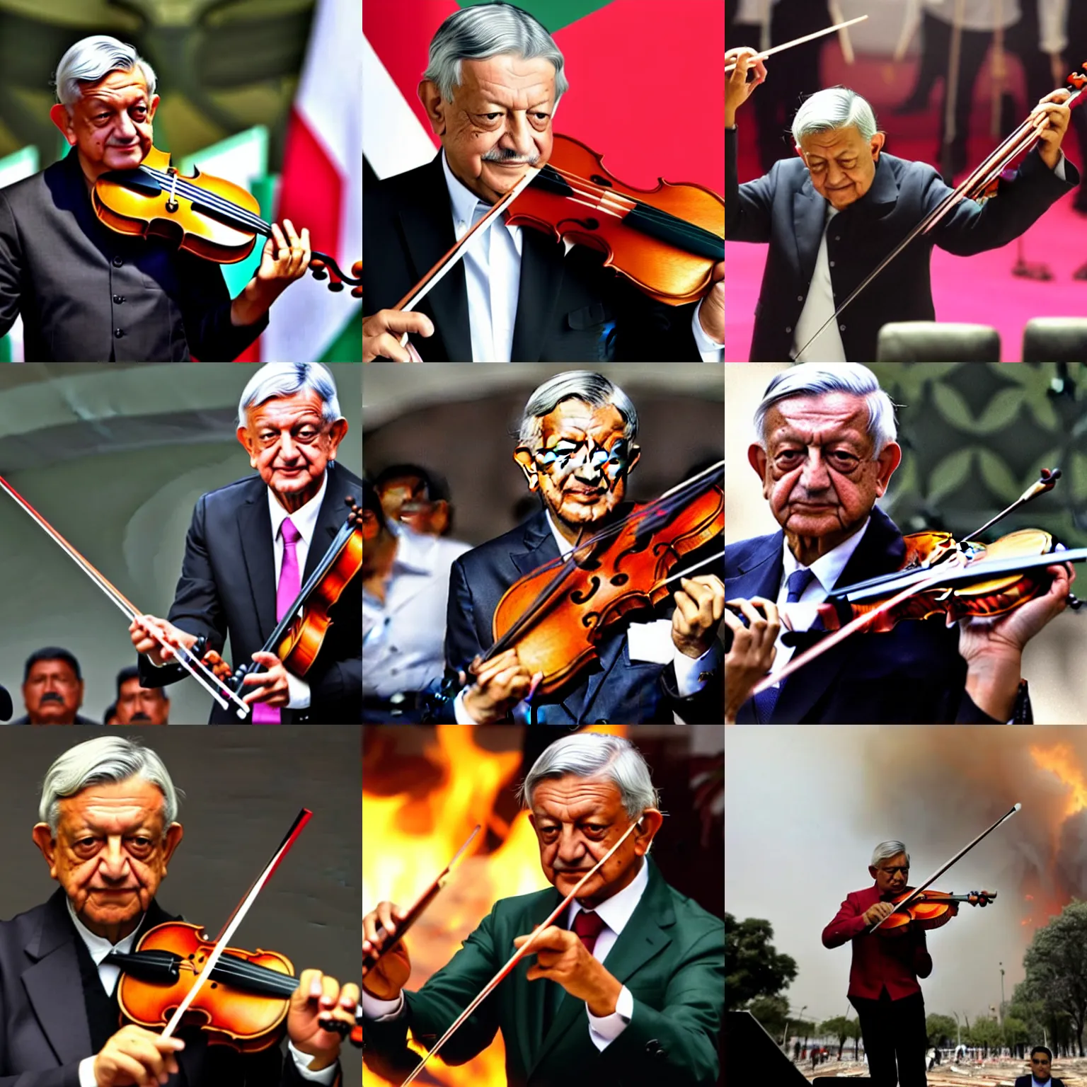 Prompt: amlo playing the violin as mexico burns