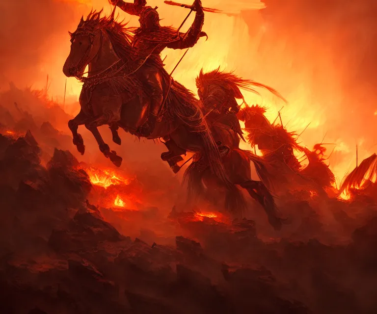 Image similar to battle of kings, fire and dust, action, dramatic lighting, intricate, wild, highly detailed, digital painting, artstation, concept art, smooth, sharp focus, illustration