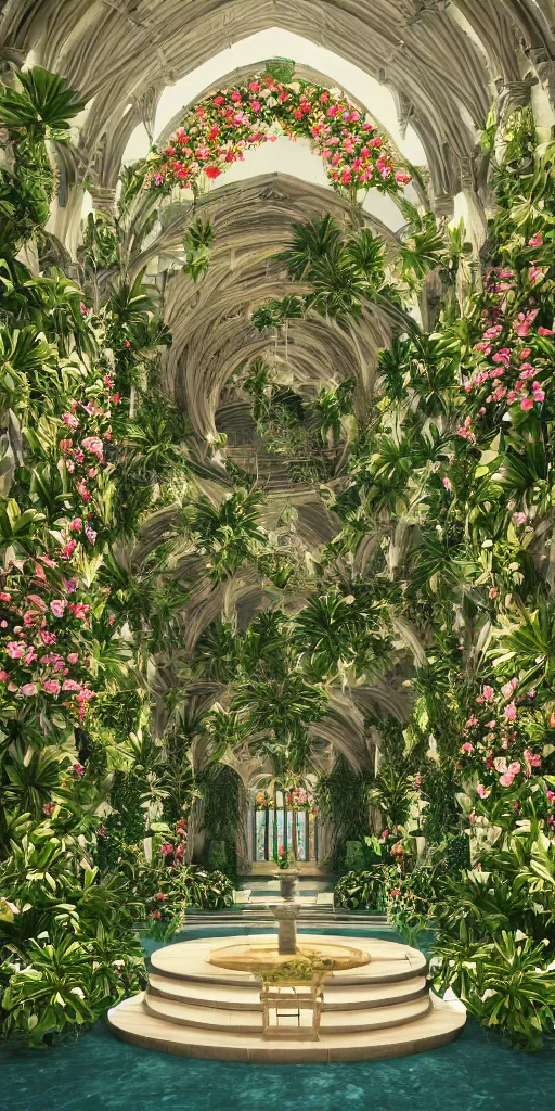 Image similar to grand cathedral interior with koi pond in the middle surrounded by palm trees, ivy, flowers, tropical plants, roses, and with archways, rendered in octane render with photorealistic lighting, cinematic, horizontal symmetry