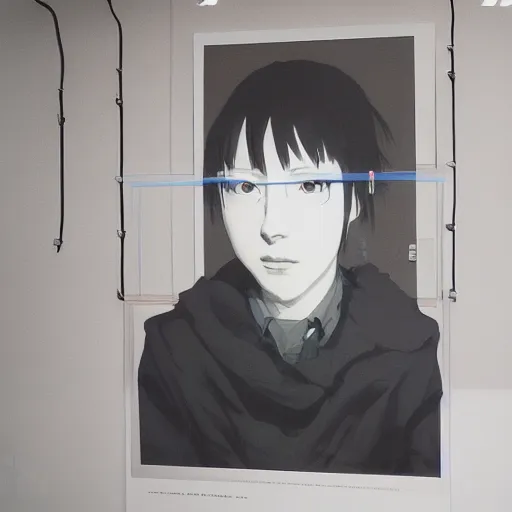 Image similar to portrait of lain iwakura connected to a room full of cables computers and displays by ruan jia and joao ruas. atmospheric