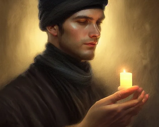 Prompt: a mind - blowing portrait of a fortune seeker male, clean shaven, holding a candle holder, wearing dark maritime clothing, long sleeping cap, deep focus, d & d, fantasy, intricate, elegant, highly detailed, digital painting, artstation, concept art, matte, sharp, illustration, hearthstone, art by artgerm and greg rutkowski and alphonse mucha