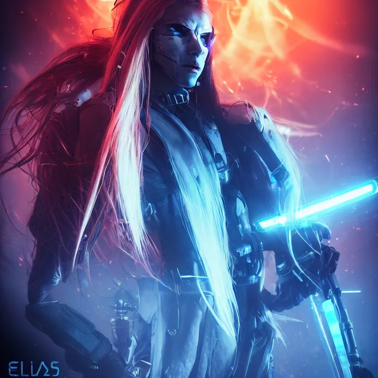 Image similar to beautiful cinematic poster, female cyberpunk, ronin ballistic mask, brilliant blue flowing hair, beautiful glowing eyes, wideshot ultrawide angle epic scale, hybrid from the elden ring and art direction by darius zawadzki, wayne reynolds artstation ; cinematic quality character render ; low angle ; ultra high quality model, quality cinema model