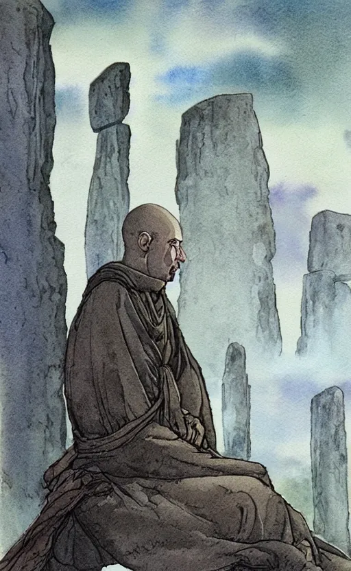 Image similar to a realistic and atmospheric watercolor fantasy concept art of giant monk with an elongated head in grey robes sitting in stonehenge. in the background a ufo is in the sky. by rebecca guay, michael kaluta, charles vess