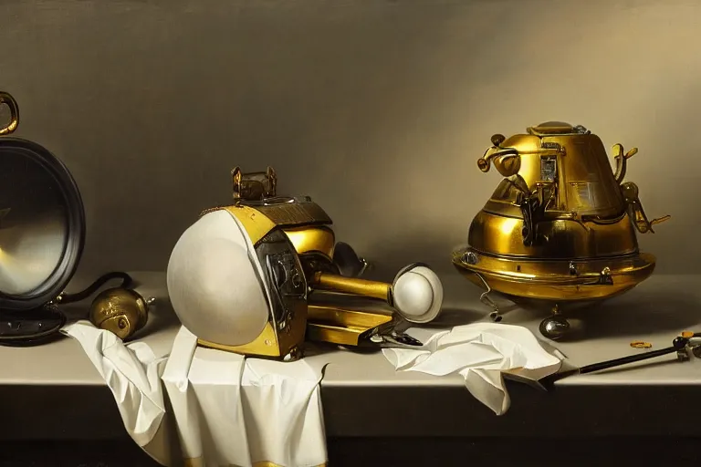 Image similar to still life painting of alien technology, by pieter claesz, oil on canvas, strong lighting, highly detailed, hyper realism, golden hour, god rays, hd, 4 k