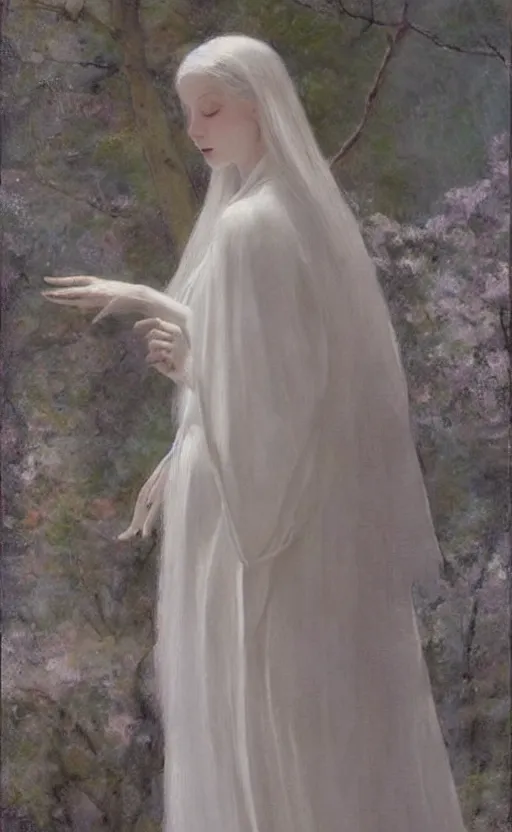 Prompt: say who is this with silver hair so pale and wan! and thin!? female angel, wearing white robes flowing hair, pale fair skin, white dress!! silver hair, covered!!, clothed!! lucien levy - dhurmer, fernand keller, oil on canvas, 1 8 9 6, 4 k resolution, aesthetic!, mystery