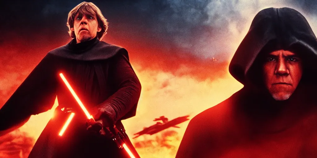 Image similar to film still of luke skywalker if he killed darth vader, 4k, cinematic, movie