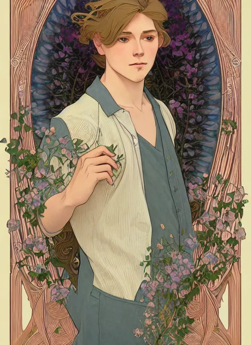 Prompt: pretty young man with shoulder length blond hair, half body shot, emotional, decorative flower patterned background, path traced, highly detailed, high quality, digital painting, by studio ghibli and alphonse mucha, leesha hannigan, hidari, disney, jules bastien - lepage, art nouveau, martine johanna