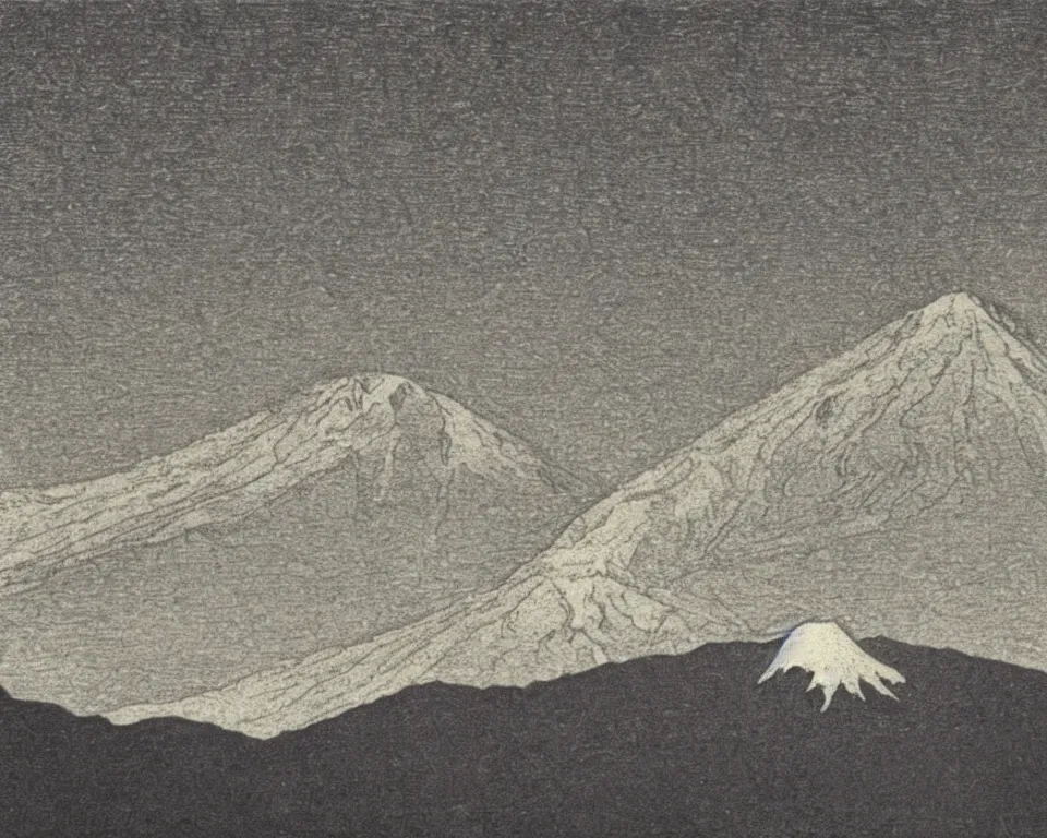 Prompt: achingly beautiful print of Mt. St. Helens, bathed in moonlight, by Hasui Kawase and Lyonel Feininger.