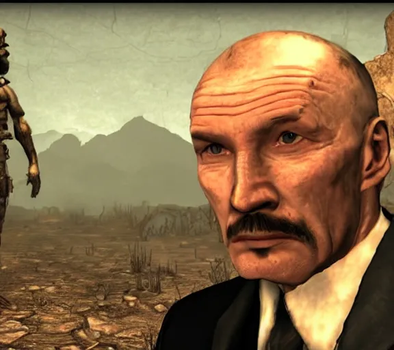 Prompt: Janusz Korwin-Mikke in the centre of a screenshot from the game Fallout: New Vegas (2010)